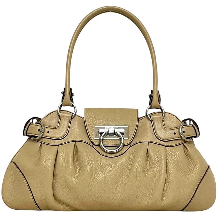 [Free Shipping] Salvatore Ferragamo Handbag ec-23957 Beige Gancini Beautiful