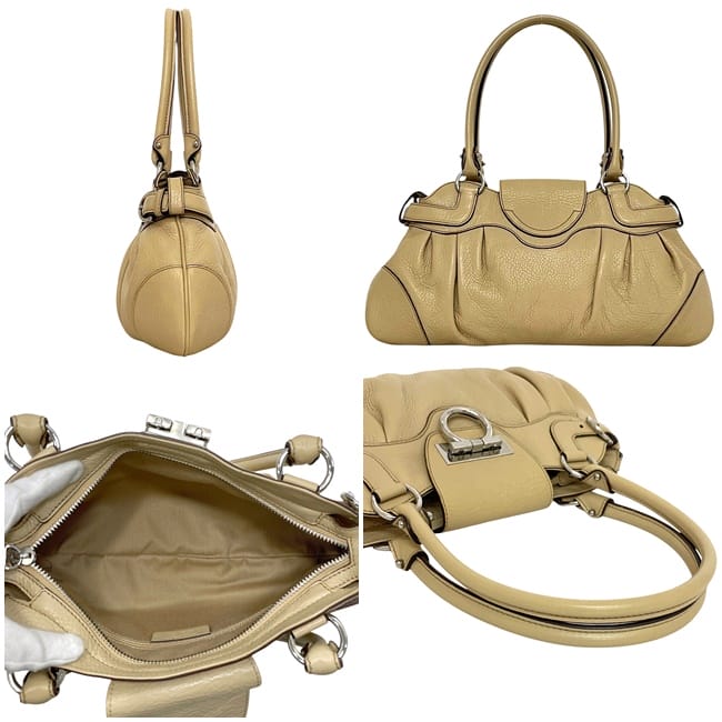 [Free Shipping] Salvatore Ferragamo Handbag ec-23957 Beige Gancini Beautiful