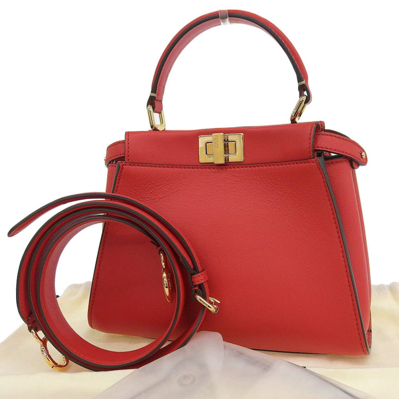 FENDI Peekaboo Mini 2WAY Handbag Shoulder Bag Crossbody Red Leather Women's