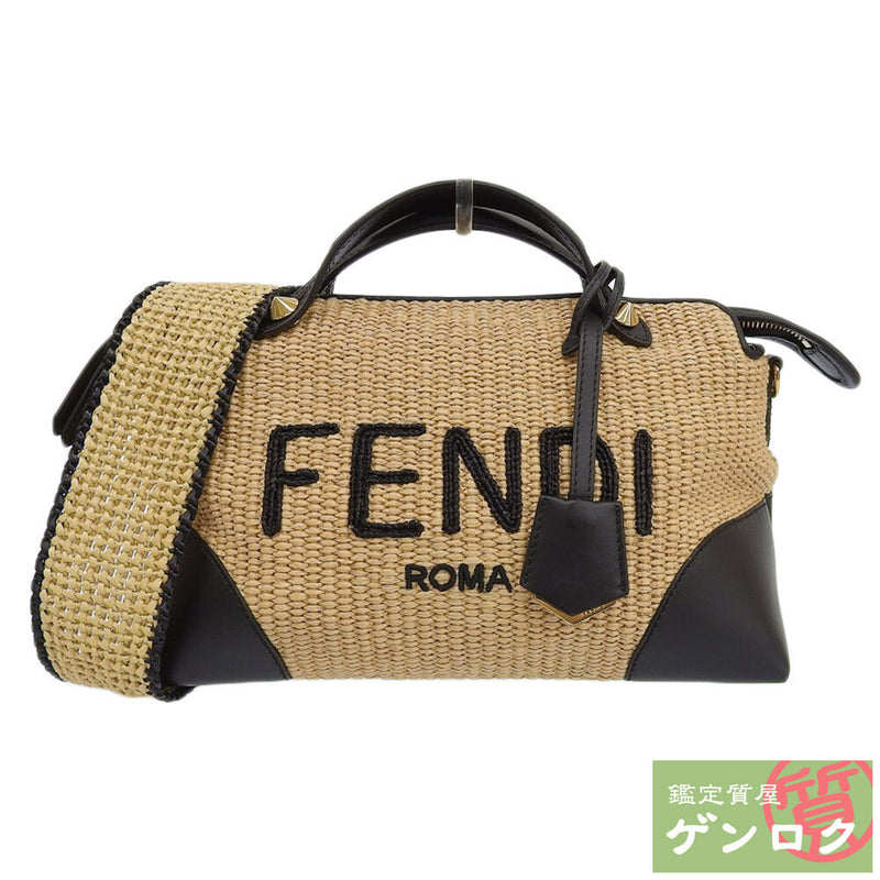 FENDI 2WAY Shoulder Bag Crossbody Handbag Beige x Black Raffia x Leather