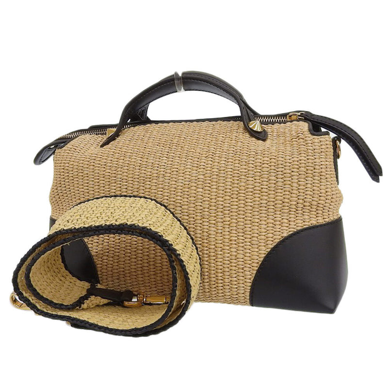 FENDI 2WAY Shoulder Bag Crossbody Handbag Beige x Black Raffia x Leather