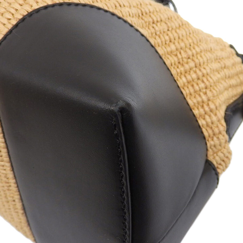 FENDI 2WAY Shoulder Bag Crossbody Handbag Beige x Black Raffia x Leather