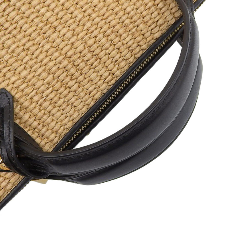 FENDI 2WAY Shoulder Bag Crossbody Handbag Beige x Black Raffia x Leather