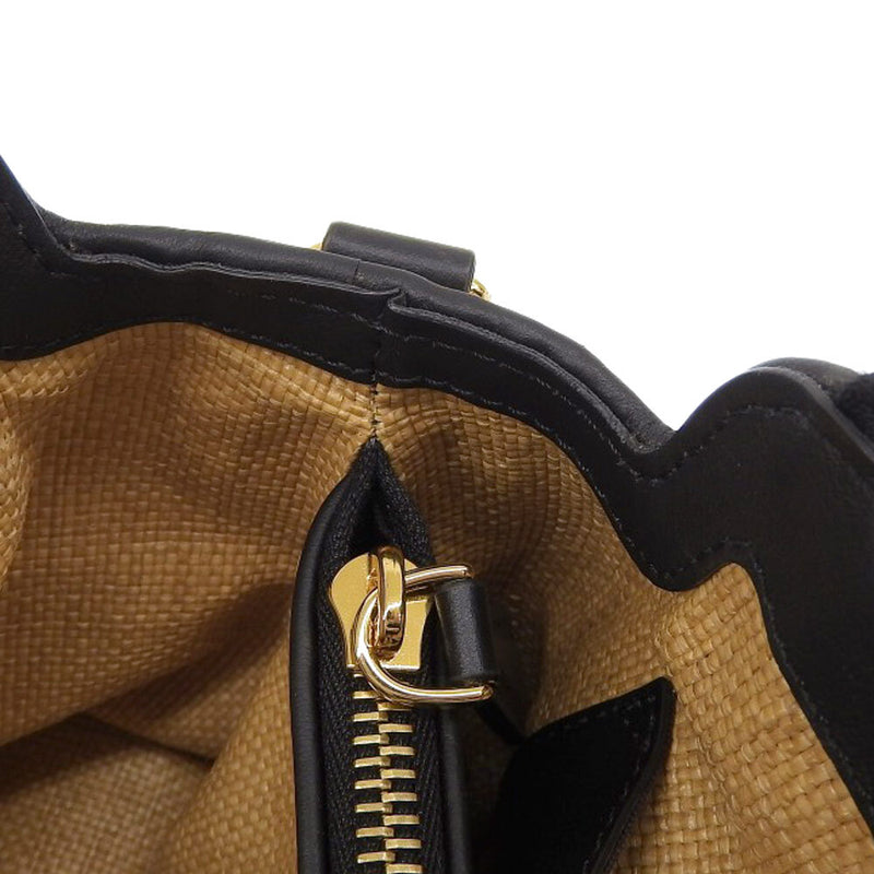 FENDI 2WAY Shoulder Bag Crossbody Handbag Beige x Black Raffia x Leather
