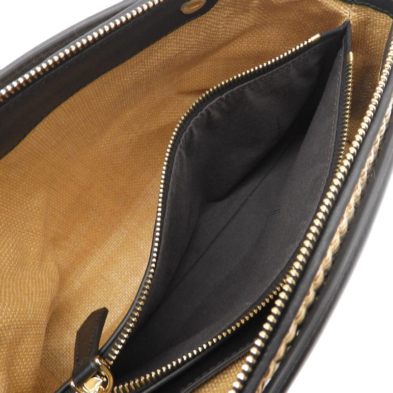 FENDI 2WAY Shoulder Bag Crossbody Handbag Beige x Black Raffia x Leather