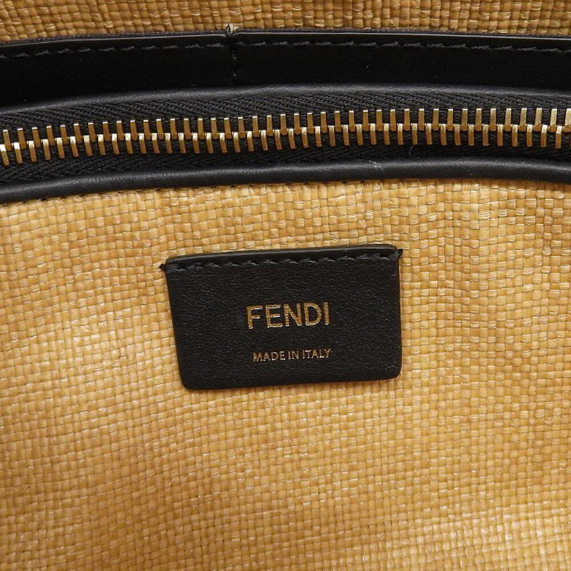 FENDI 2WAY Shoulder Bag Crossbody Handbag Beige x Black Raffia x Leather