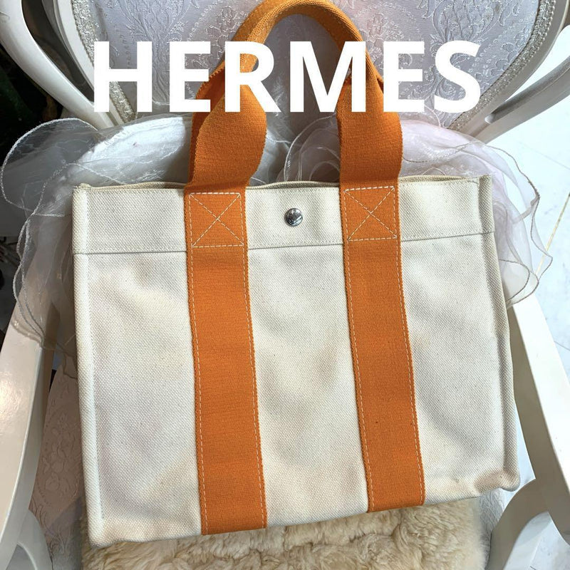 ☆Good condition☆HERMES Bora Bora PM Canvas Tote Bag White x Orange