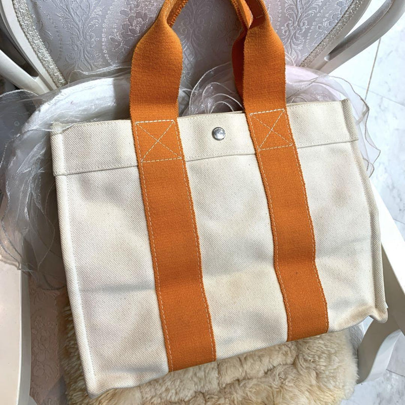 ☆Good condition☆HERMES Bora Bora PM Canvas Tote Bag White x Orange