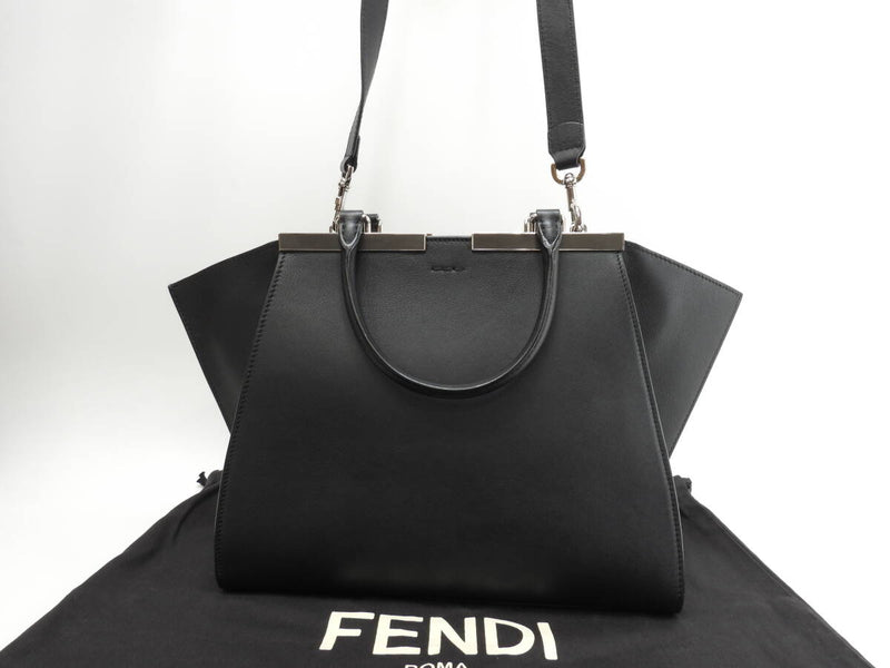 FENDI Trois Jour Leather Black S Handbag Tote Bag in Good Condition @ 54