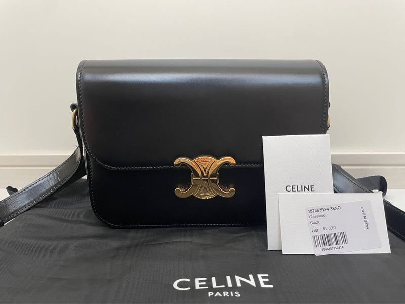 Celine Classic Triomphe Bag / Shiny Calfskin Black Gold Hardware Gold CELINE