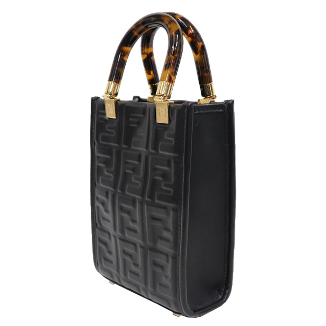 (Good condition) FENDI Sunshine Shopper Shoulder Bag Mini Leather Black Gold