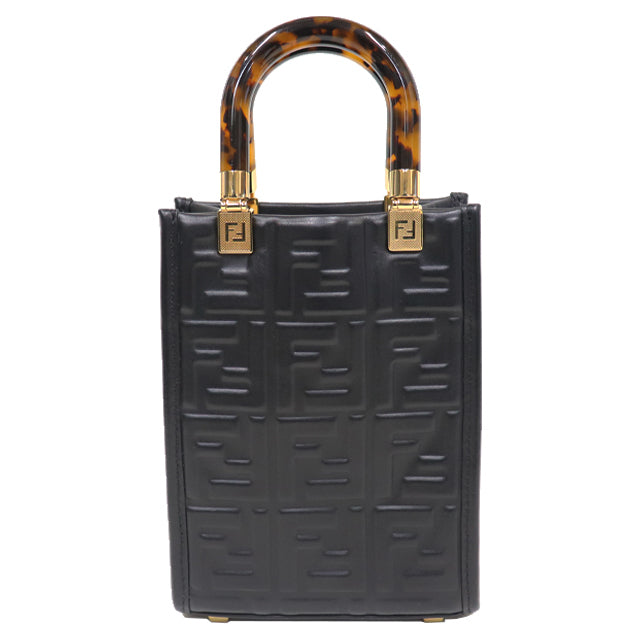(Good condition) FENDI Sunshine Shopper Shoulder Bag Mini Leather Black Gold