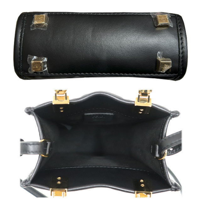 (Good condition) FENDI Sunshine Shopper Shoulder Bag Mini Leather Black Gold