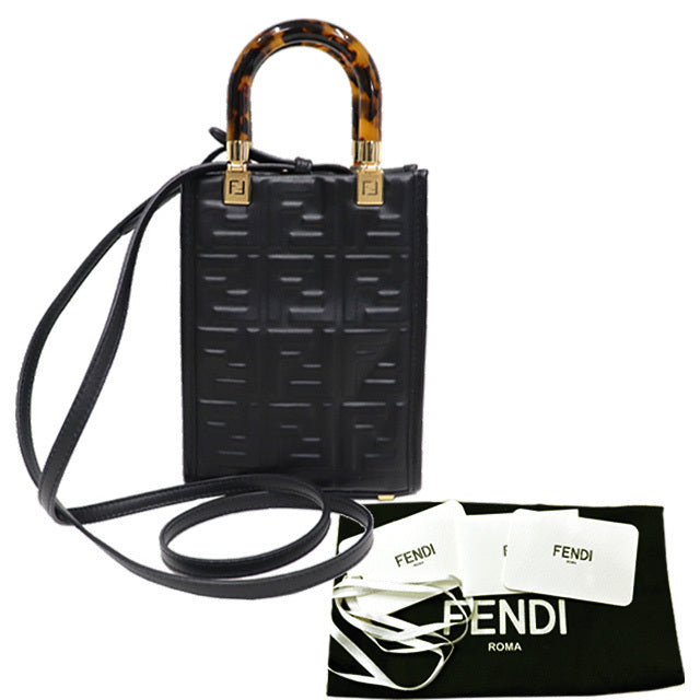 (Good condition) FENDI Sunshine Shopper Shoulder Bag Mini Leather Black Gold