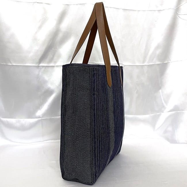 Hermes Tote Bag Calicut Denim Navy Brown Good Condition Denim Canvas Leather □L