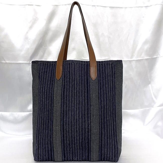 Hermes Tote Bag Calicut Denim Navy Brown Good Condition Denim Canvas Leather □L