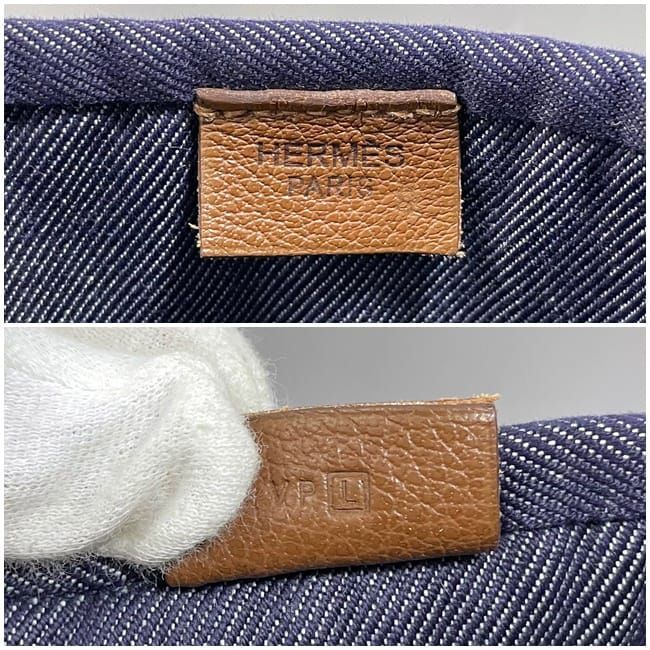 Hermes Tote Bag Calicut Denim Navy Brown Good Condition Denim Canvas Leather □L