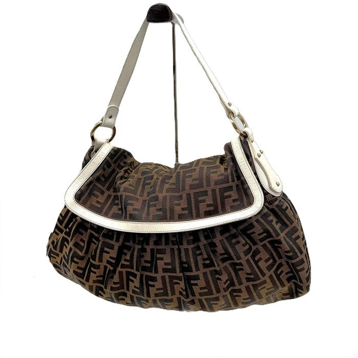 FENDI Shoulder Bag Zucca Pattern Piping Brown White Free Shipping i0413oq005400