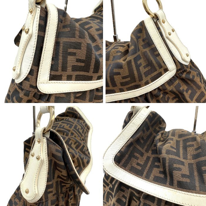 FENDI Shoulder Bag Zucca Pattern Piping Brown White Free Shipping i0413oq005400
