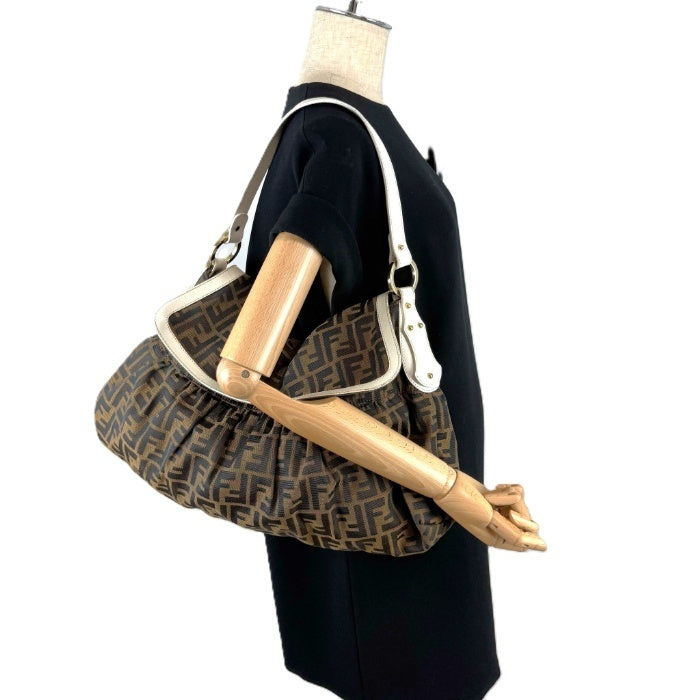 FENDI Shoulder Bag Zucca Pattern Piping Brown White Free Shipping i0413oq005400