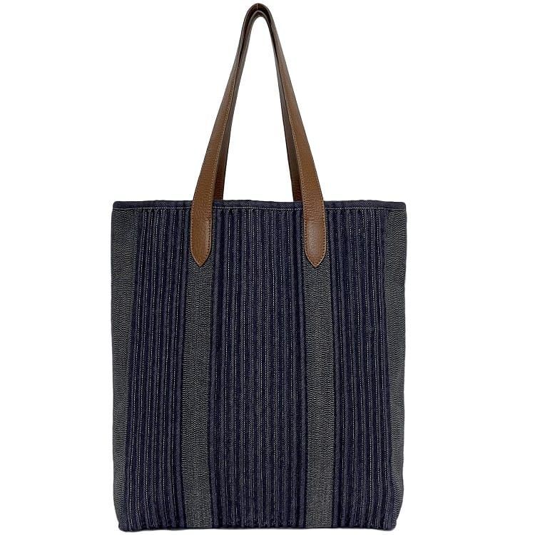Hermes Tote Bag Calicut Denim Navy Brown Good Condition Denim Canvas Leather □L