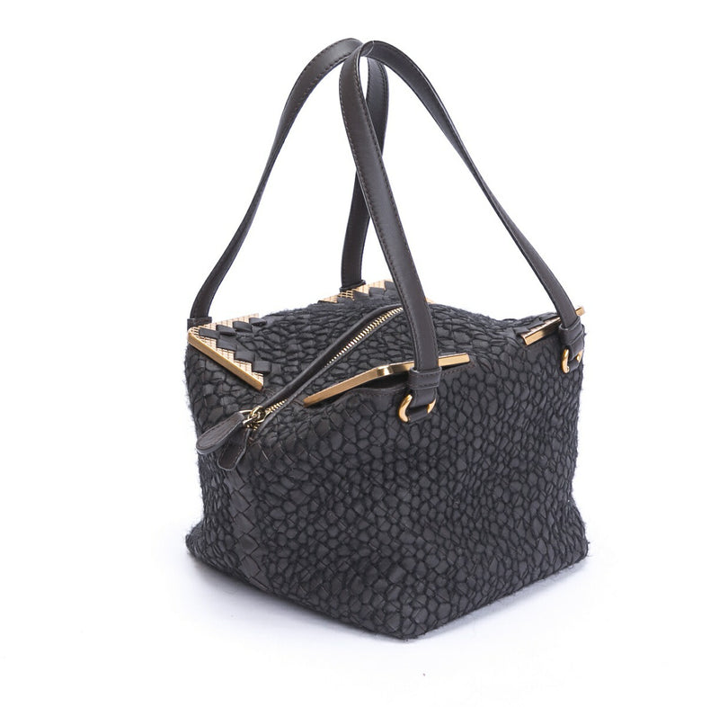 BOTTEGA VENETA Handbag Intrecciato Leather x Wool Brown Rare Free Shipping