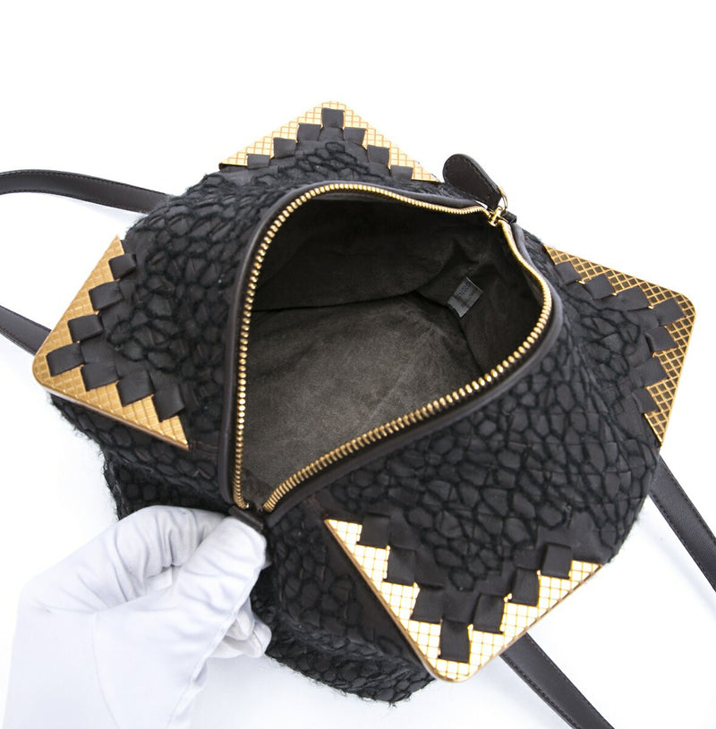 BOTTEGA VENETA Handbag Intrecciato Leather x Wool Brown Rare Free Shipping