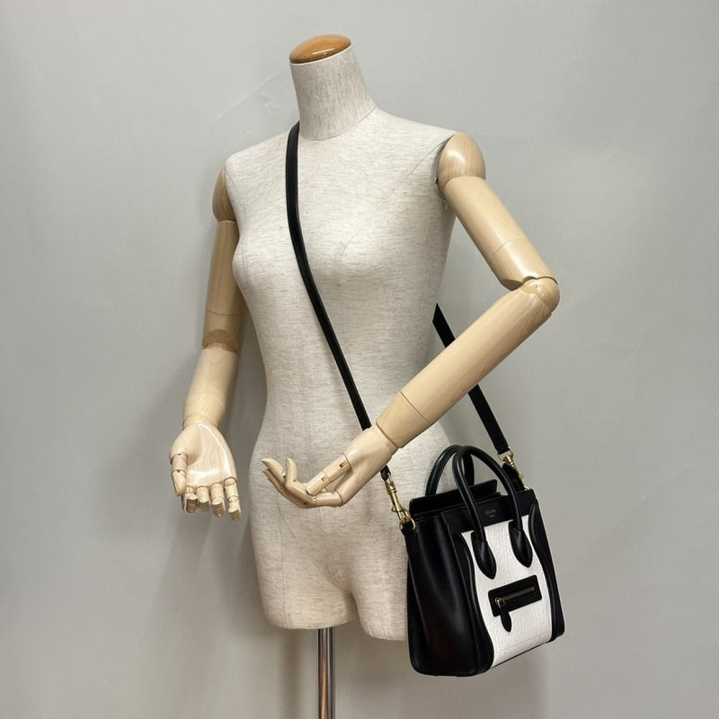 ◆CELINE◆ Handbag/Luggage Nano Shopper/Leather/Black x White/168243 [BAG4295]