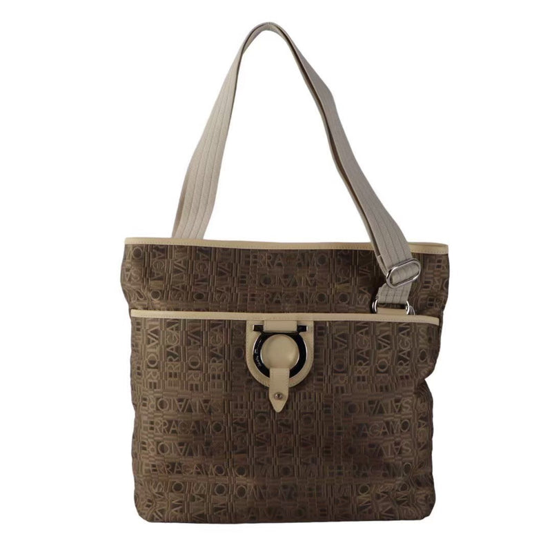 "Used" Salvatore Ferragamo Canvas Shoulder Bag Pochette Gancini Metal Fittings