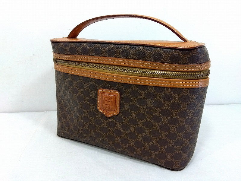 s25g-960k [Used] CELINE Macadam Vanity Pouch Handbag Leather Brown [Free