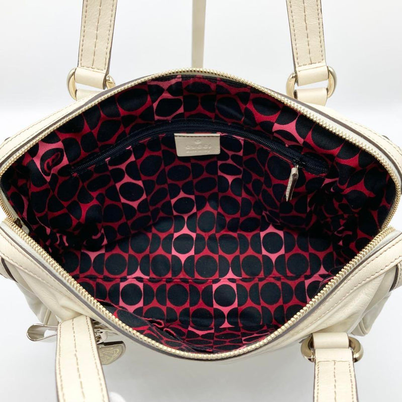 GUCCI Duchessa Mini Boston Handbag Leather Ribbon Crest White
