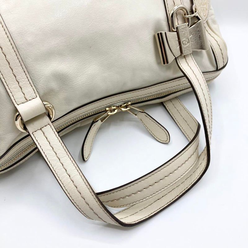 GUCCI Duchessa Mini Boston Handbag Leather Ribbon Crest White