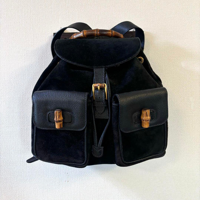 [Good condition] GUCCI Vintage Suede Leather Backpack Bamboo Black