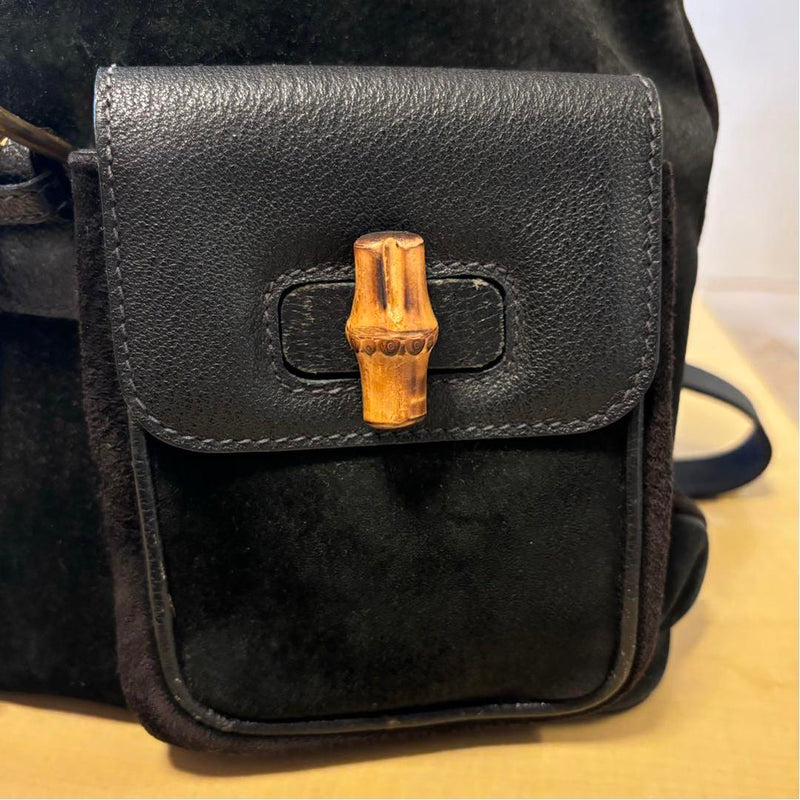 [Good condition] GUCCI Vintage Suede Leather Backpack Bamboo Black