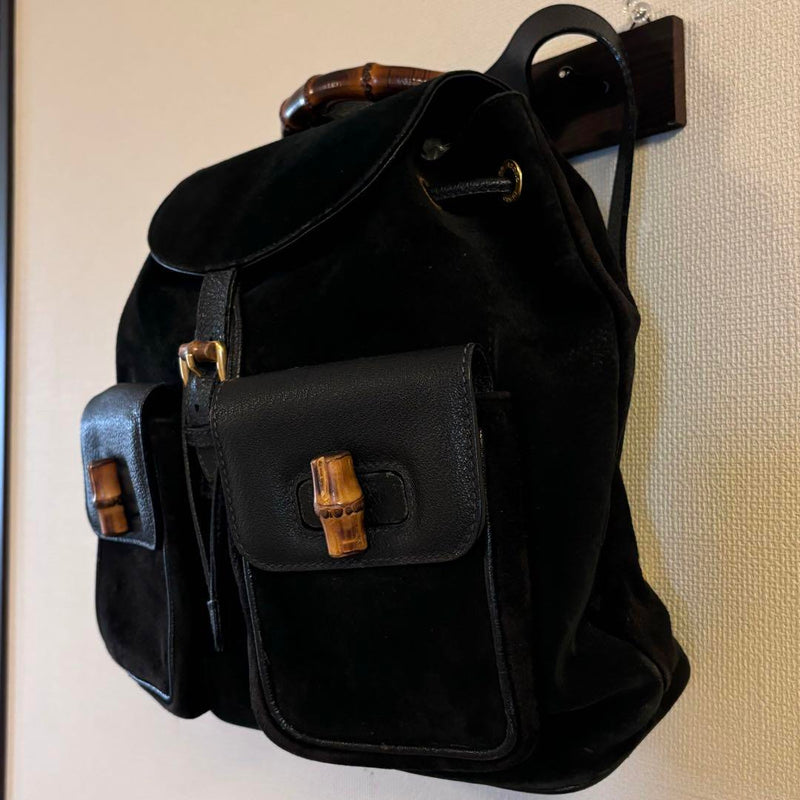 [Good condition] GUCCI Vintage Suede Leather Backpack Bamboo Black
