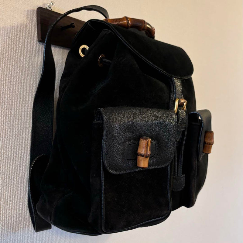 [Good condition] GUCCI Vintage Suede Leather Backpack Bamboo Black
