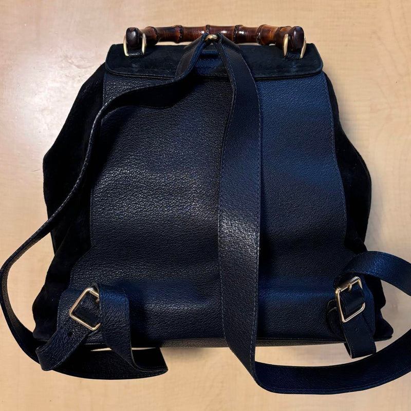 [Good condition] GUCCI Vintage Suede Leather Backpack Bamboo Black