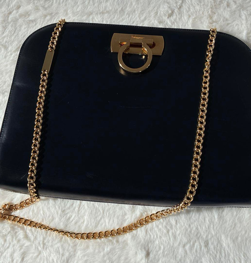 Ferragamo Gancini Chain Shoulder Black Leather Good Condition