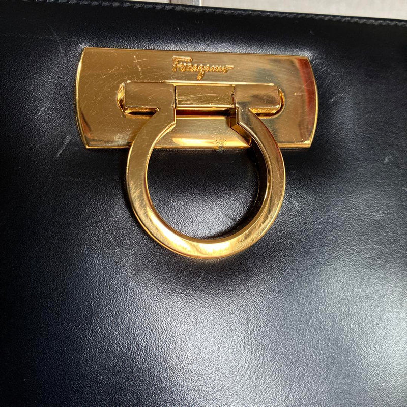 Ferragamo Gancini Chain Shoulder Black Leather Good Condition