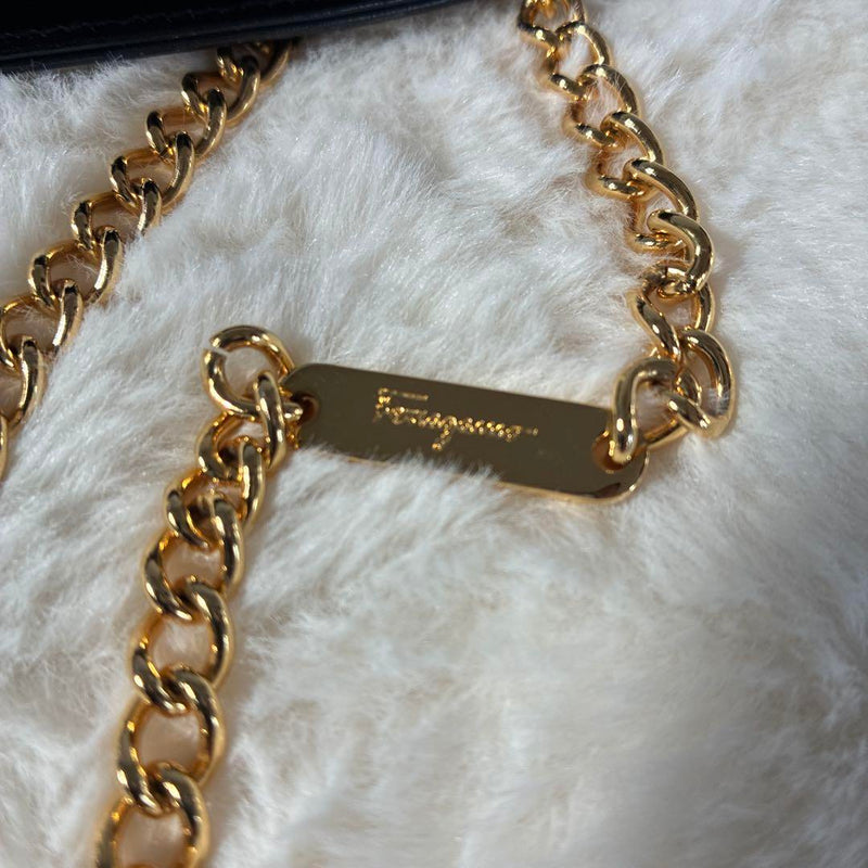Ferragamo Gancini Chain Shoulder Black Leather Good Condition