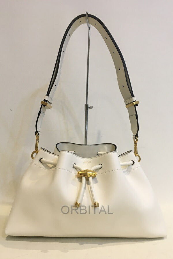 Futakotama) JIMMY CHOO Cinch Cinch M Leather Handbag White *Slightly dirty