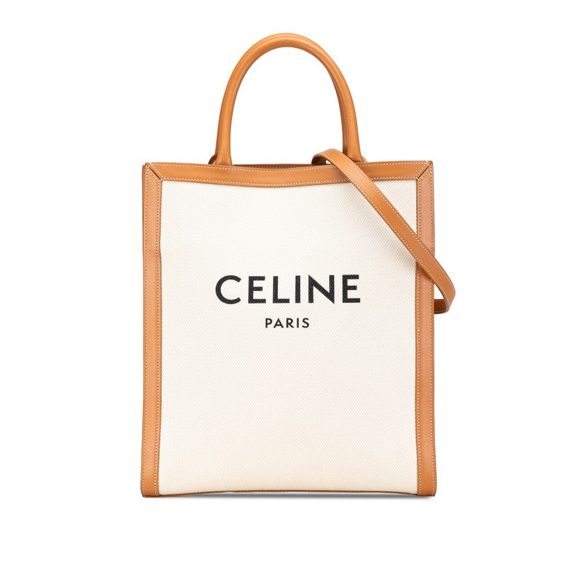 Celine Vertical Coba Small Tote Bag Shoulder Bag 2WAY White Brown Canvas