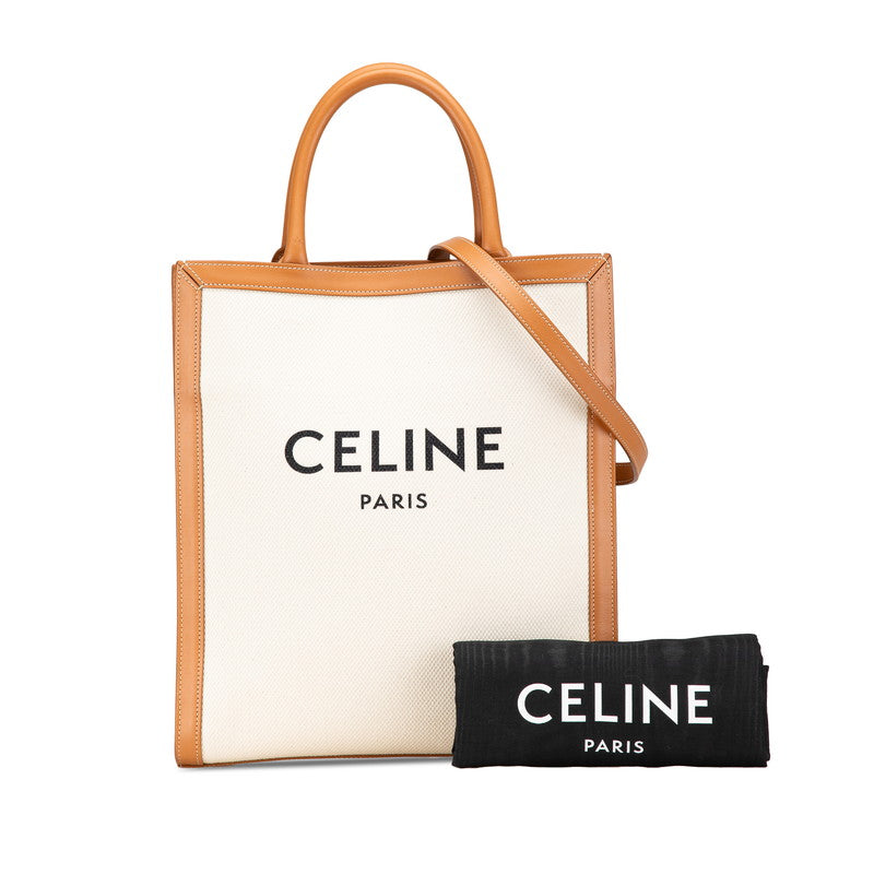Celine Vertical Coba Small Tote Bag Shoulder Bag 2WAY White Brown Canvas