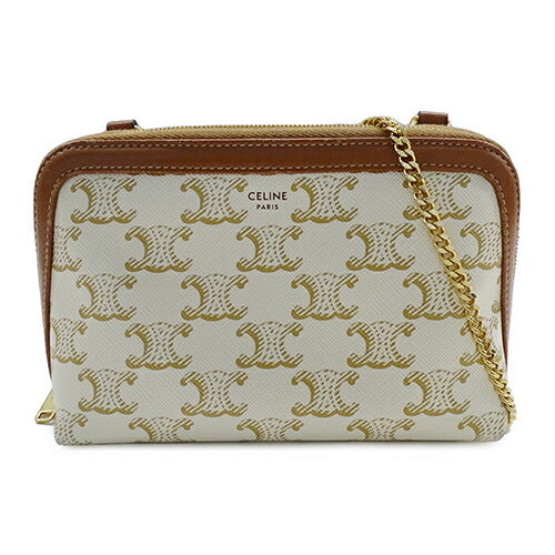 CELINE Women's Bag Brand Triomphe Shoulder Bag Chain Clutch White Tan